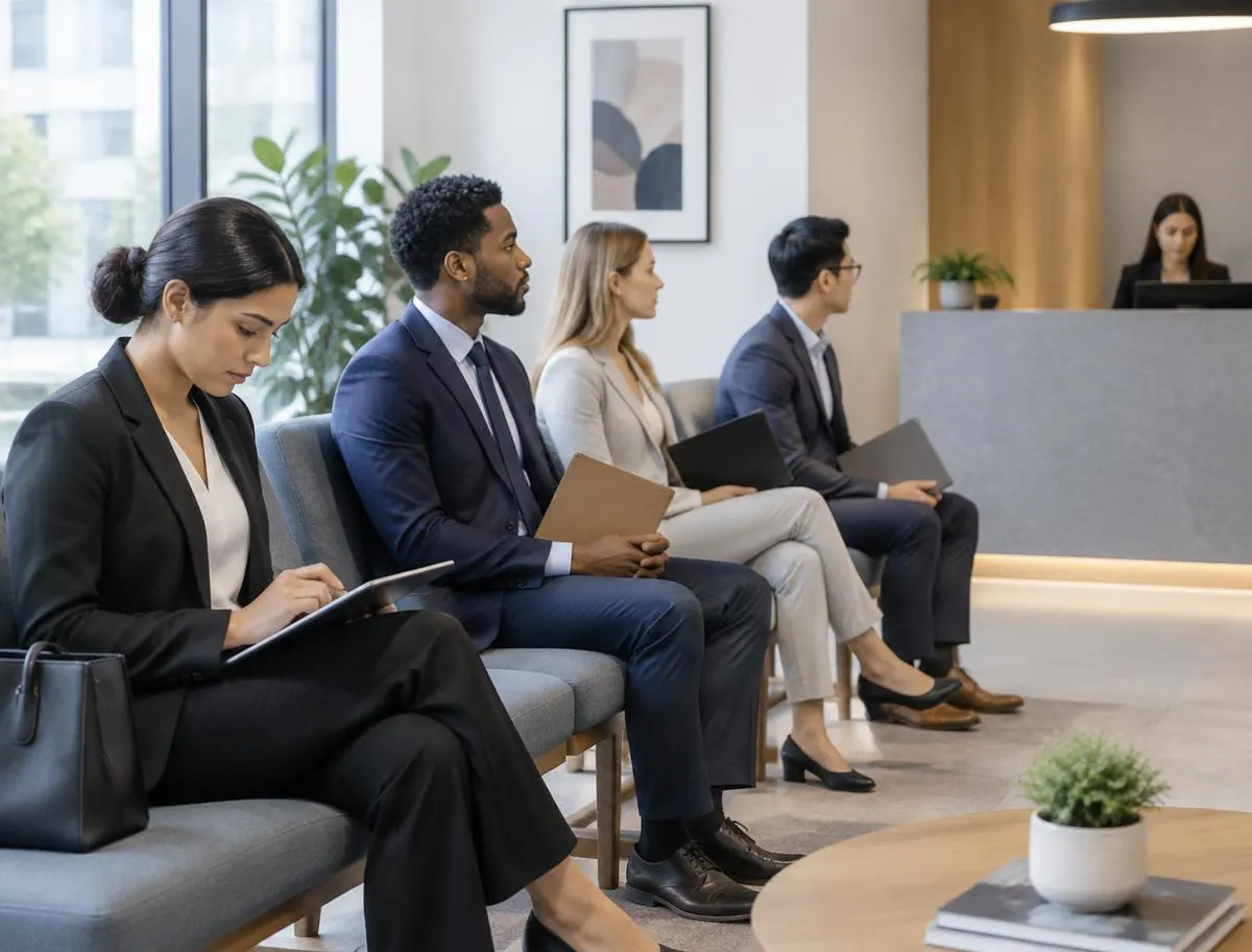 Candidatos esperando su entrevista en la recepción de una oficina